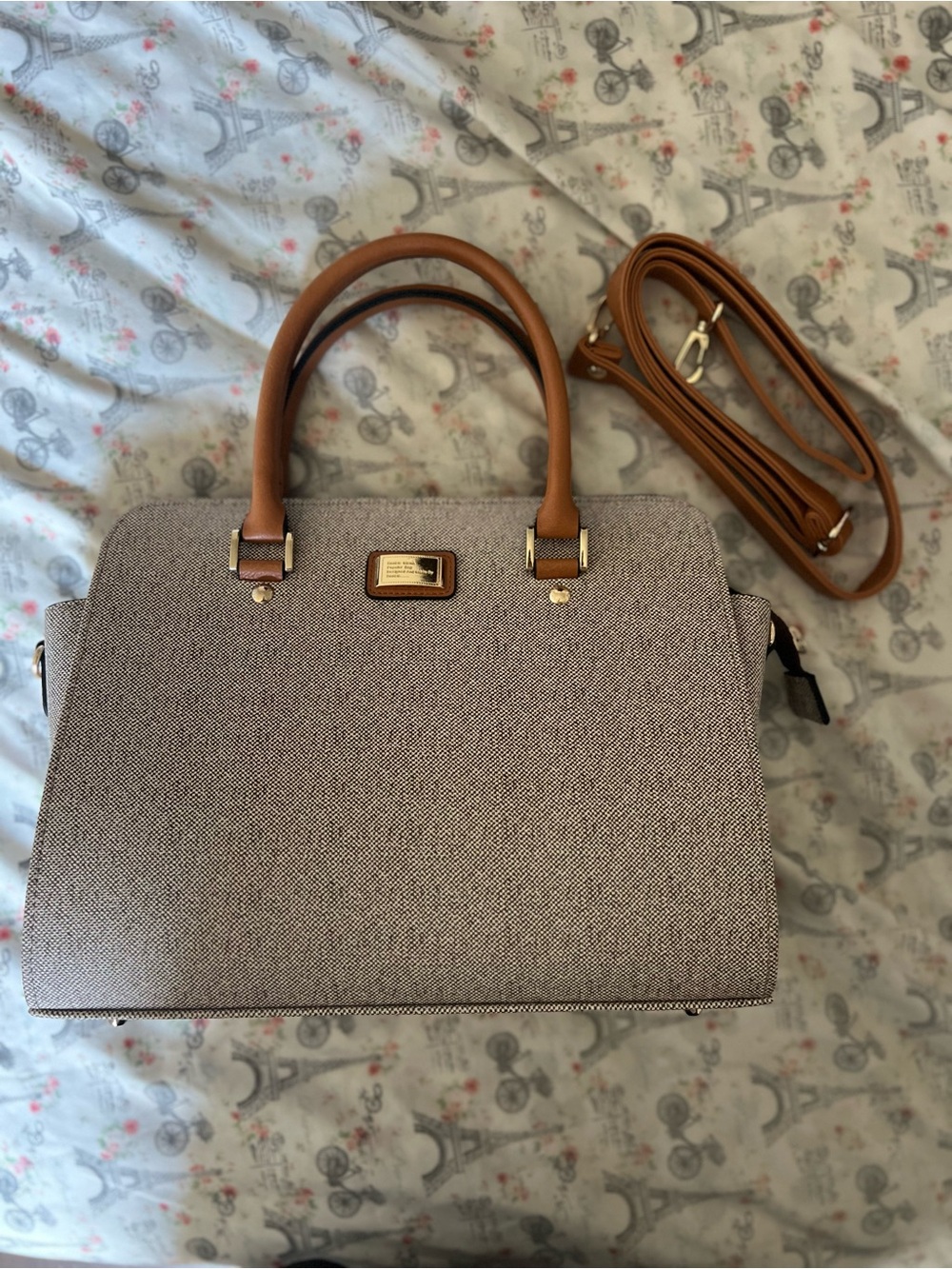 Tweed Tote Handbag with Tan Leather Handles